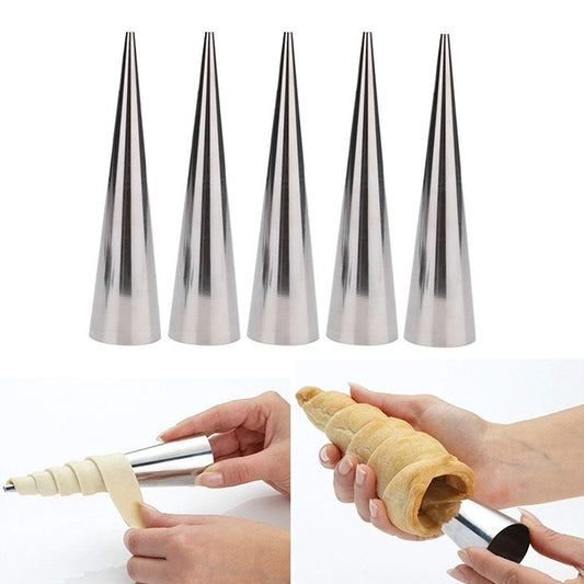 5 PCS Cone Roll Moulds Stainless Steel Spiral Nozzle Croissants Pastry Cream Horn Cake Mold