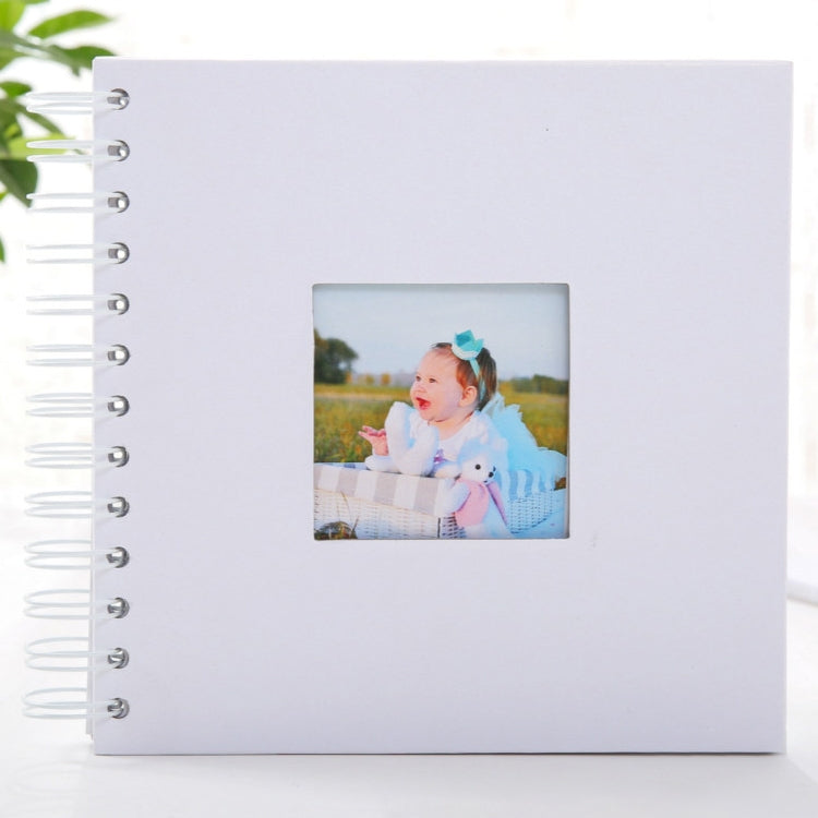 6-inch baby growth photo album with photo window, white cover and silver spiral binding