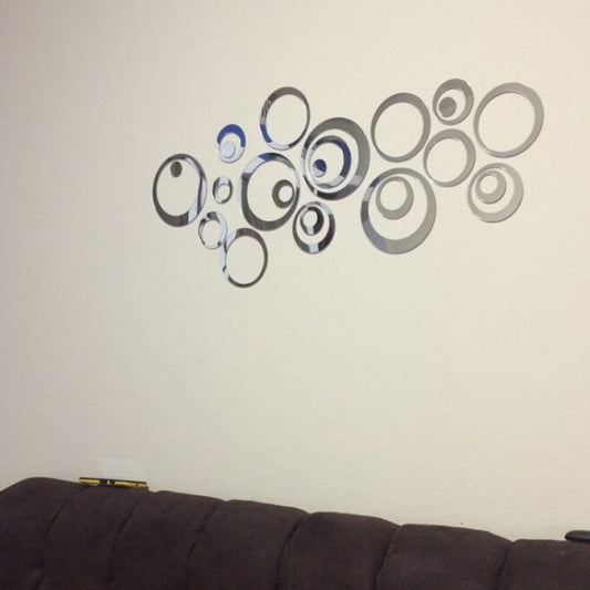 Silver 3D wall clock sticker set with ring shapes and a round clock dial