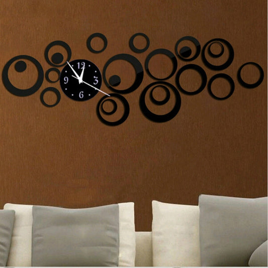 Black 3D wall clock sticker set with round rings and a round clock face