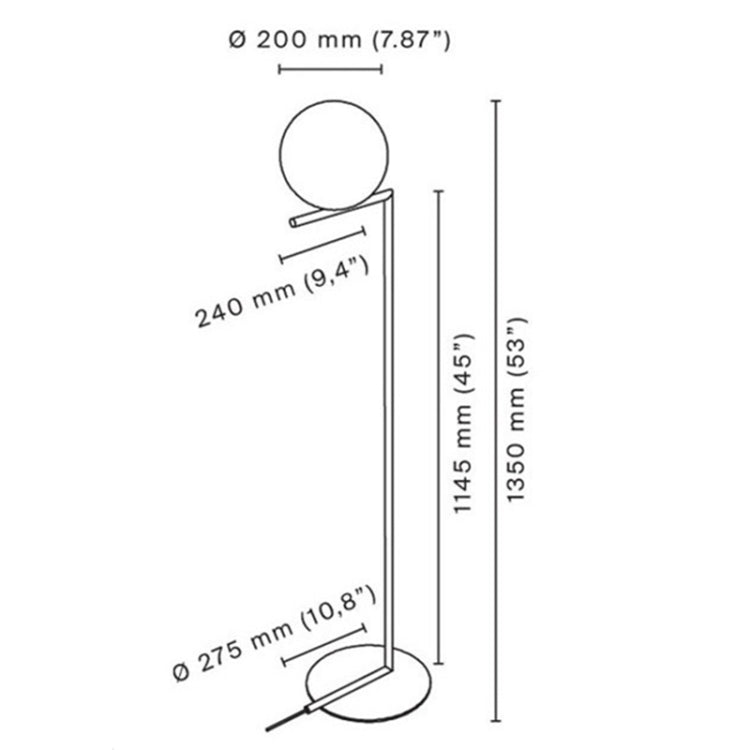 Floor lamp technical diagram showing frosted globe shade and base dimensions