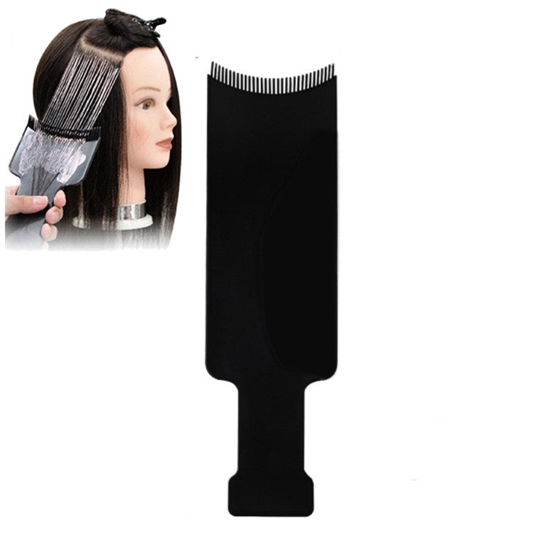 Black hair dye applicator brush with comb teeth, shown with mannequin applying dye