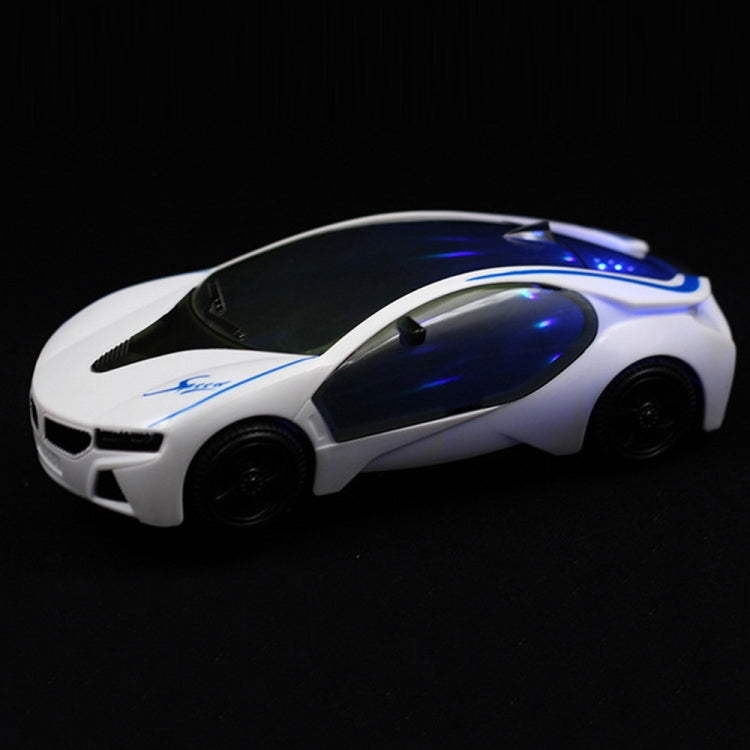 White electric toy supercar angled view with blue LED headlight glow and dark wheels