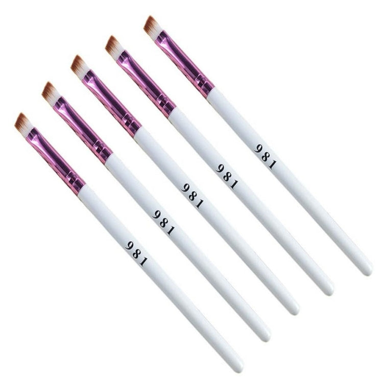 Set of 5 angled eyebrow and eyeshadow brushes with white handles and purple ferrules