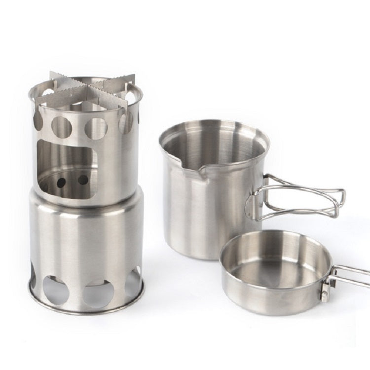 Stainless steel camping wood stove with two stainless pots and side carry handles
