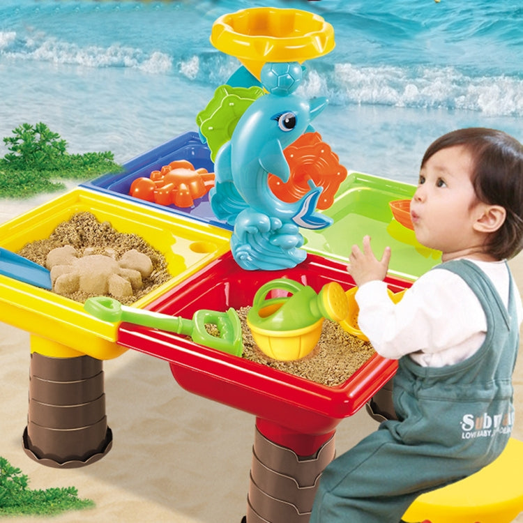 Colorful plastic beach sand table toy set with dolphin figure and molded sand trays