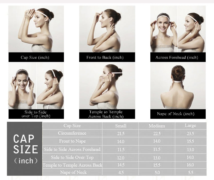 Wig cap size measurement chart for small, medium, and large
