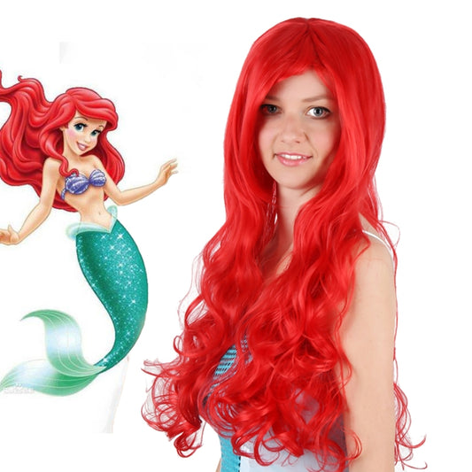 Red long synthetic curly wig with side part, worn by a model