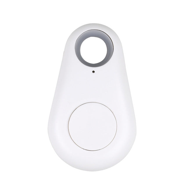 White teardrop kids key GPS tracker tag with dark ring and small status pinhole