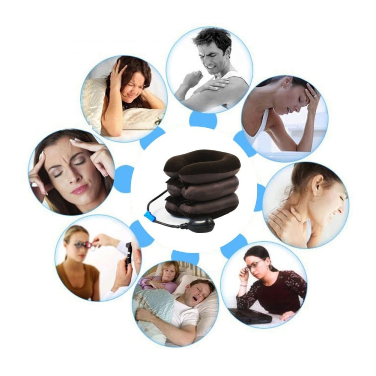 Brown inflatable neck traction device surrounded by use-condition icons
