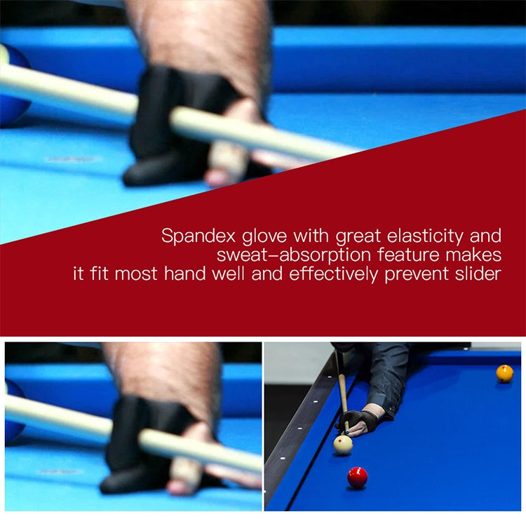 Black spandex three-finger cue glove on hand playing pool with cue