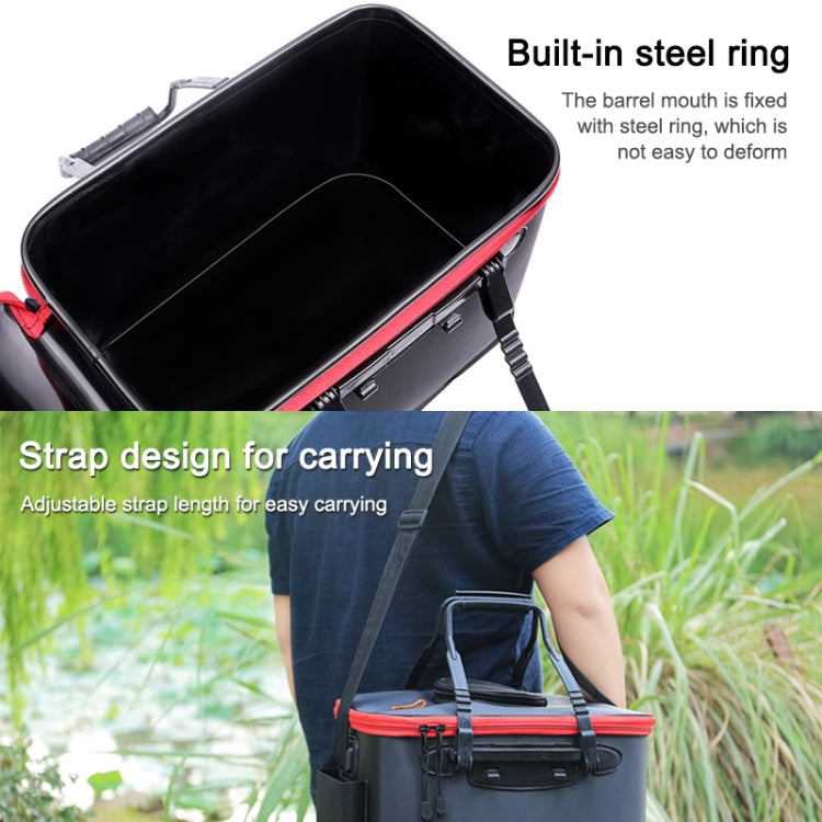 Built-in steel ring and adjustable carrying strap on folding live fish box, black/red