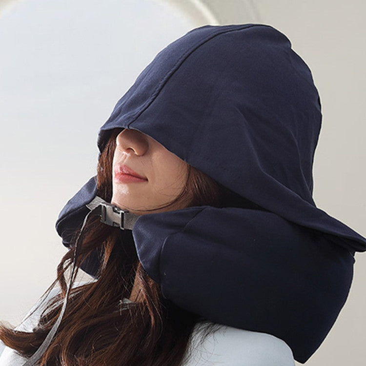 Navy hooded U-neck travel pillow with adjustable chin strap for neck support