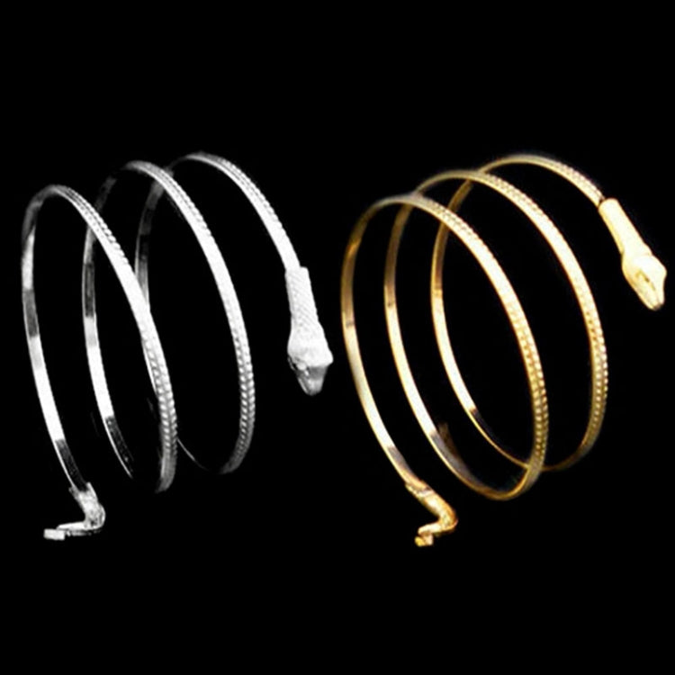 Snake bangle bracelets, silver-tone and gold-tone round cuffs with snake-head end