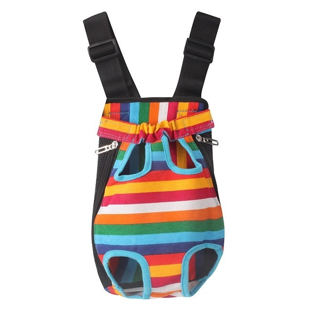 Striped fabric pet chest backpack carrier with adjustable shoulder straps and front zip