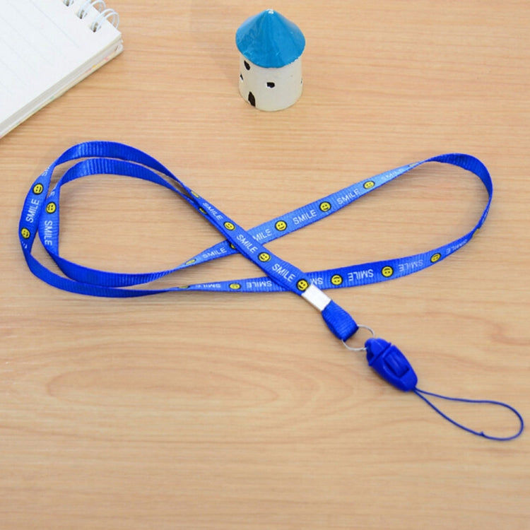 Blue smiley-printed ID card lanyard with plastic badge clip and attached loop