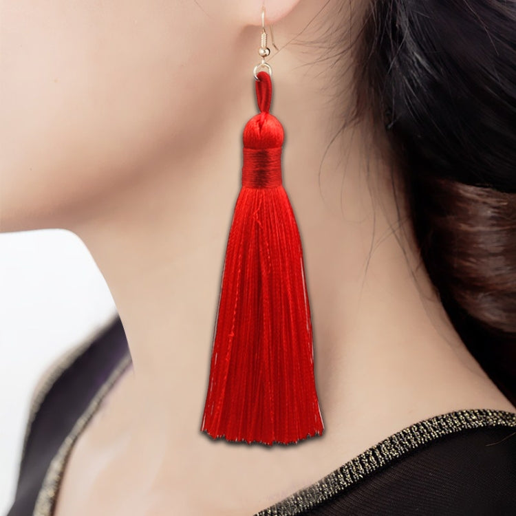 Red tassel drop earrings with small gold-tone hoop hooks