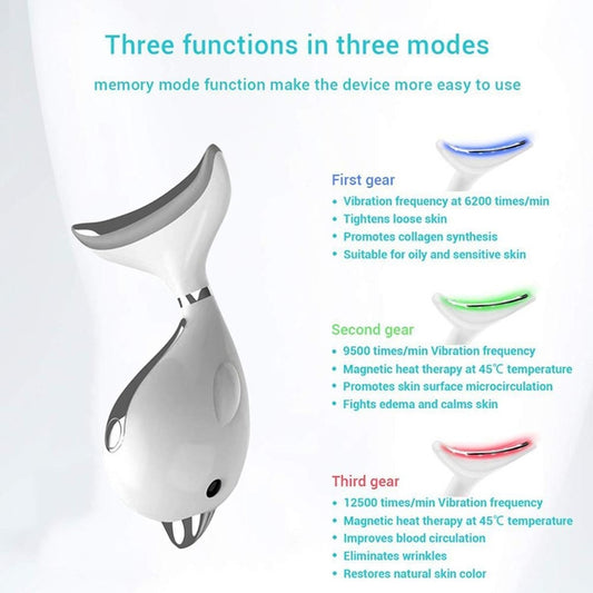 Gray handheld dolphin massager showing three colored LED mode light bars