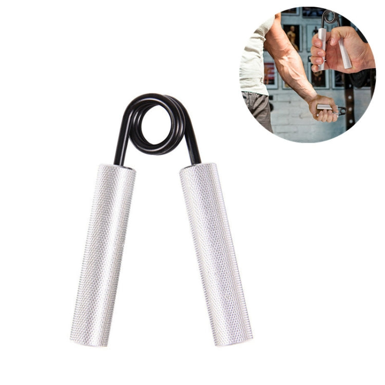 Wrist strength training grip with silver mesh sleeves and black spring, with use inset