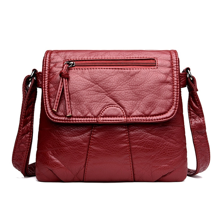 Women’s red soft PU leather messenger bag with zip-top flap and side shoulder straps