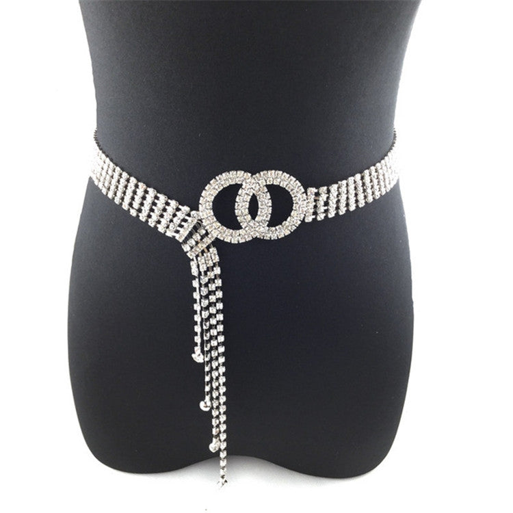 Silver-tone double loop rhinestone waist belt with long tassel chain
