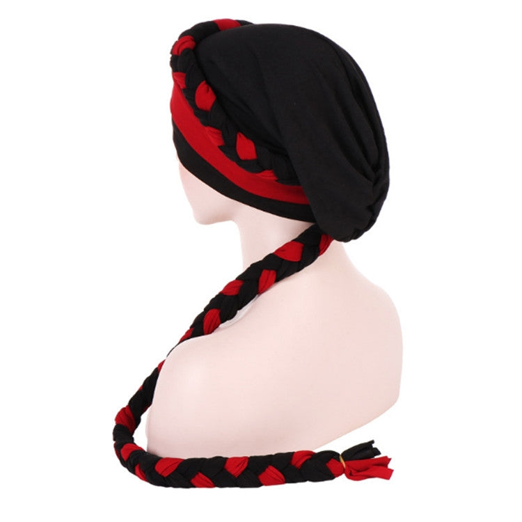 Two-color braided milk silk turban cap, red and black, back/side view with long braid