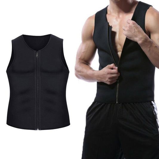 Men's black sleeveless zipper vest, fitted abdomen corset style