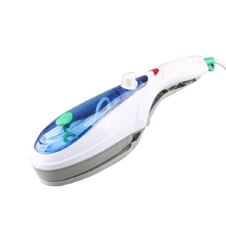Handheld steamer brush with blue tank, white handle, green nozzle tip