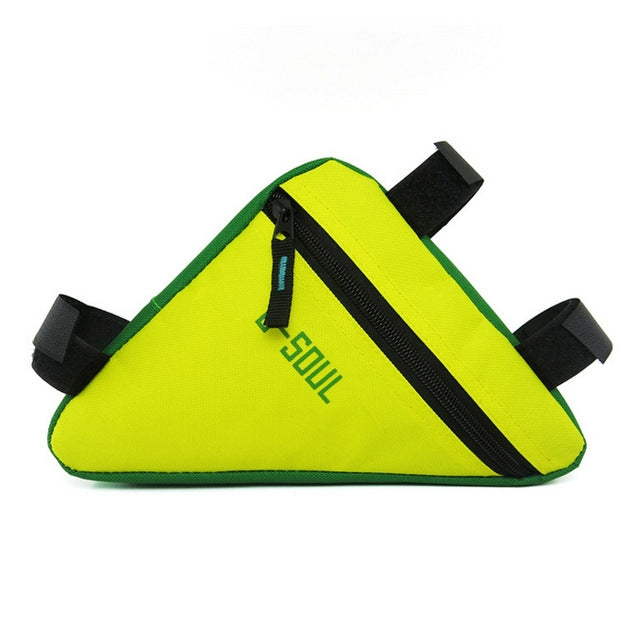 Neon yellow triangle bike frame bag with front zipper, B-SOUL logo, and mounting straps