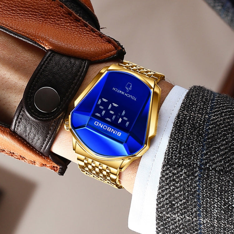 Gold touch screen watch with blue display on leather wrist strap