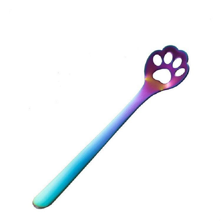 Cat claw shaped coffee spoon, blue-to-purple iridescent finish with paw-print head