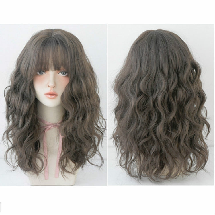Long wavy wig with bangs in gray-brown, front and back hair views