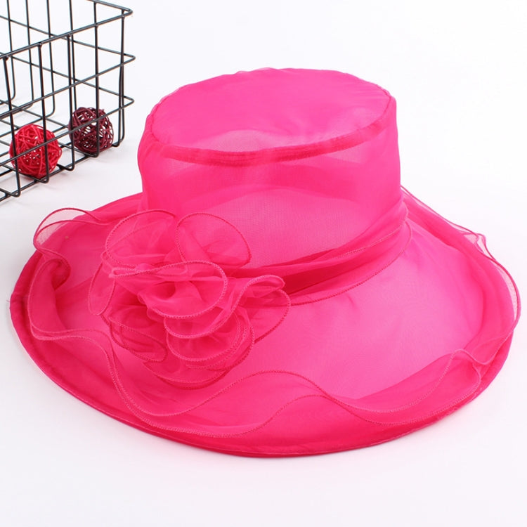 Pink organza wide-brim beach sun hat with layered ruffle flower detail