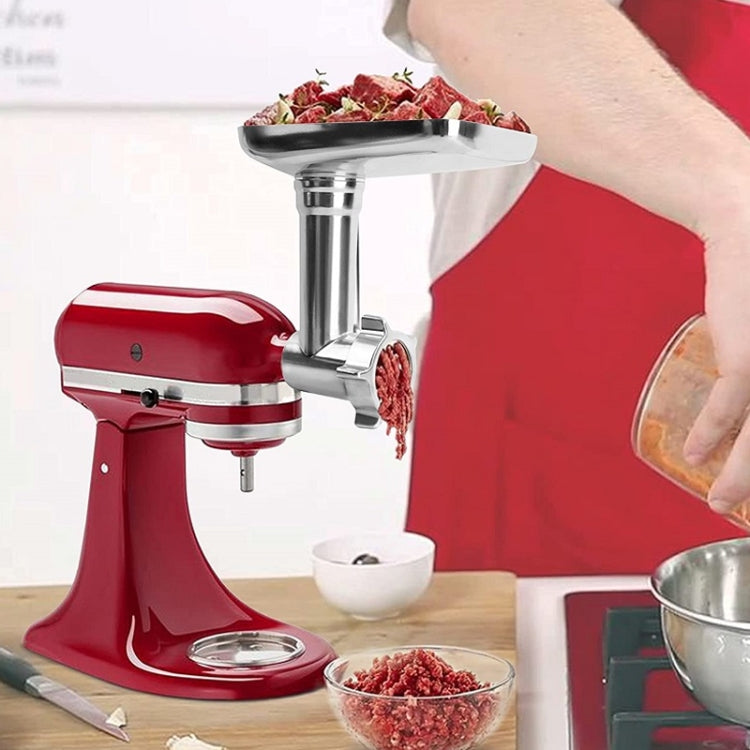 Meat grinder attachment with red stand mixer and sausage stuffing plate