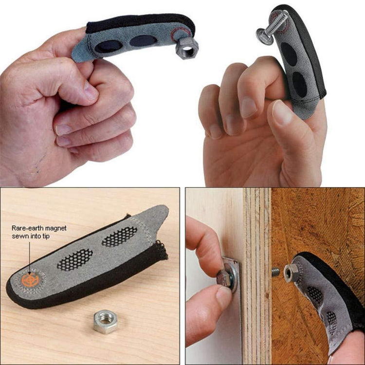 Set of magnetic screw finger sleeves shown being worn for fastening screws