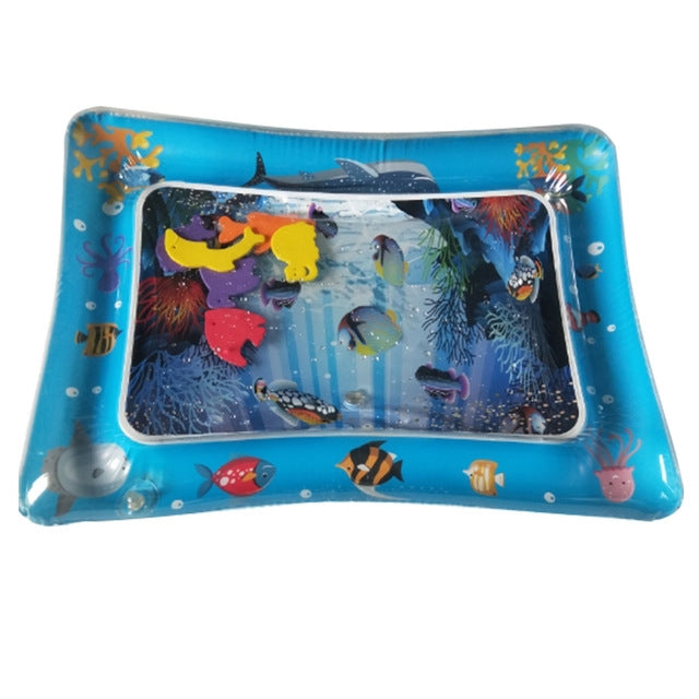 Inflatable aquarium water play mat cushion with ocean animal graphics, blue border
