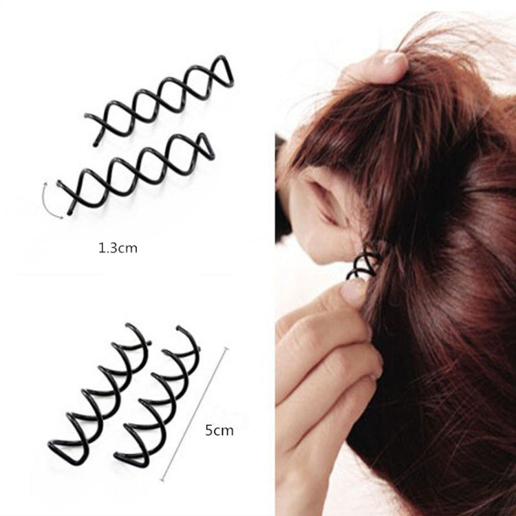 Black spiral hairpin set shown with size guides, secure-and-hold hair