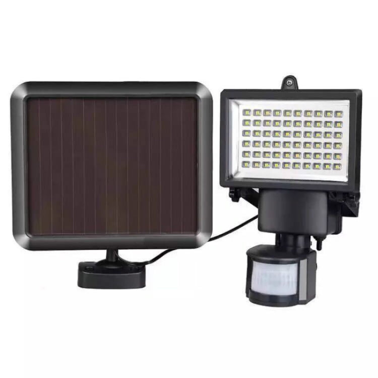 Solar security flood light with solar panel, LED lamp, and motion sensor, black housing
