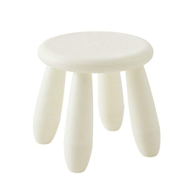 White plastic children’s stool with round seat and three short legs