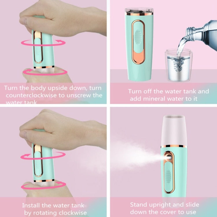 Rechargeable sprayer with blue water tank, hands shown for tank setup