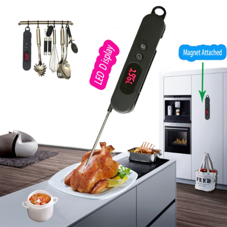 BBQ meat thermometer with black body, stainless probe, and red LCD temperature display.