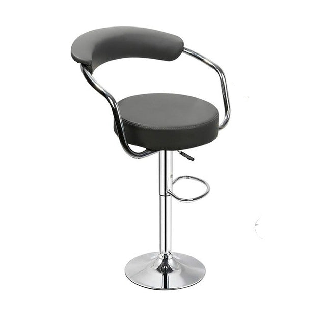 Black faux-leather swivel bar stool with chrome pedestal base and foot ring