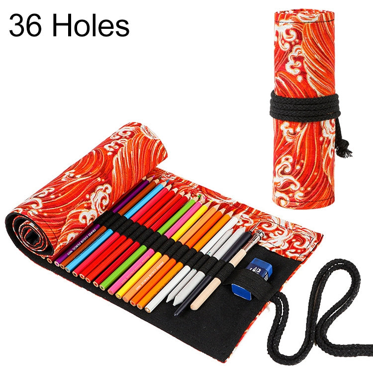 Roll-up canvas pencil case, red wave print with 36 slots and black drawstring