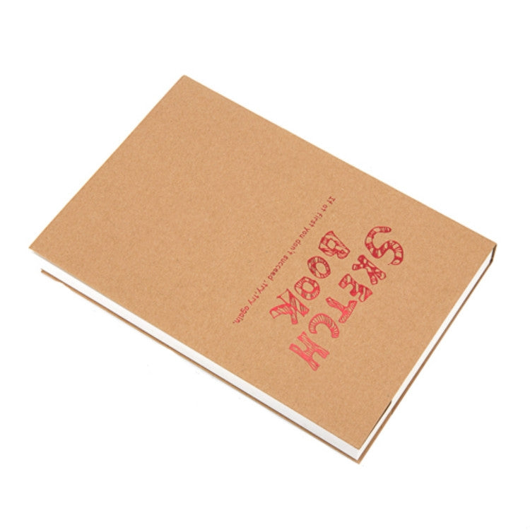 Brown sketchbook front with red typographic design and white page edges.