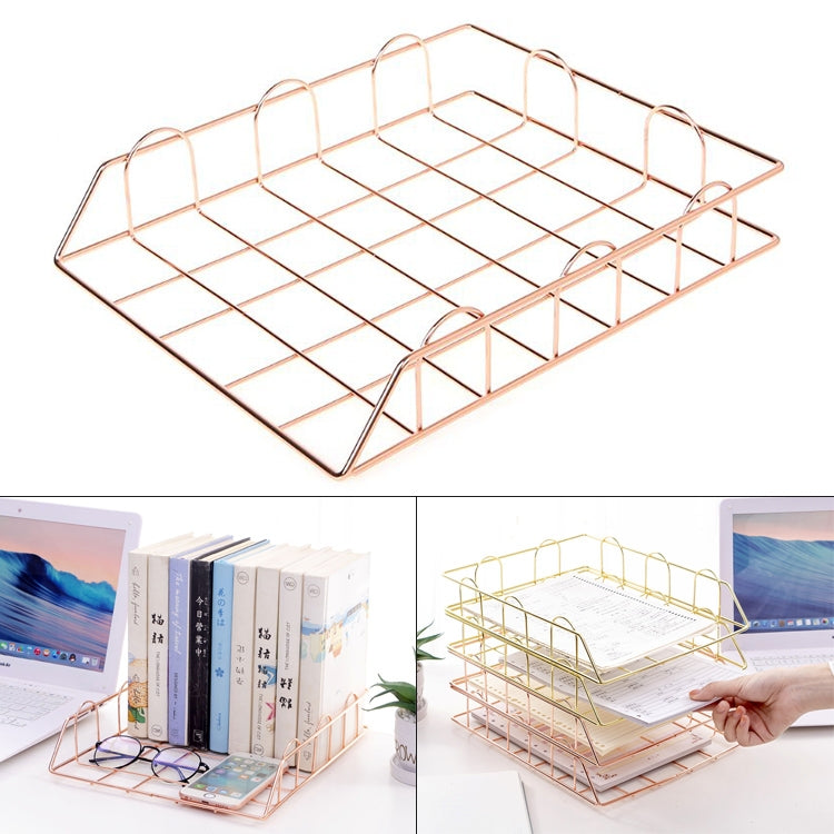 Rose gold and gold folding metal magazine holder tray for documents and papers