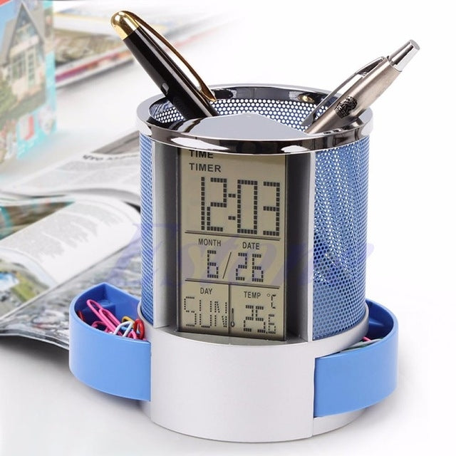 Blue desk pen holder with mesh cylinder and perpetual calendar LED screen
