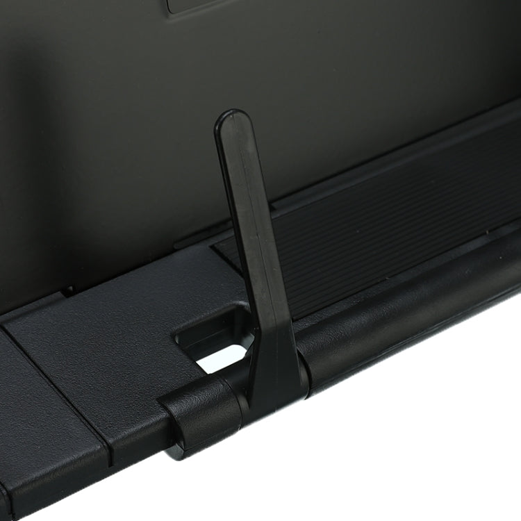 Close-up of side support and groove insert on black book stand base