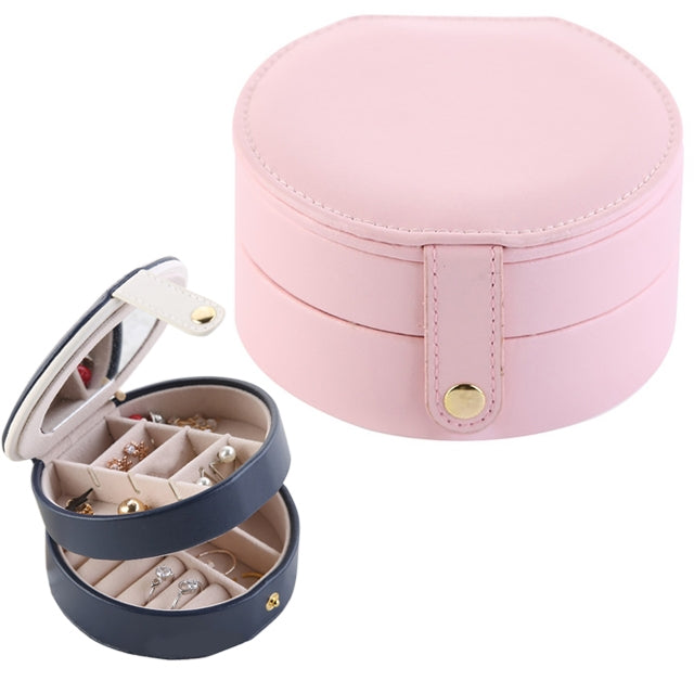 Two-tier jewelry storage box in light pink with navy base, hinged lid open