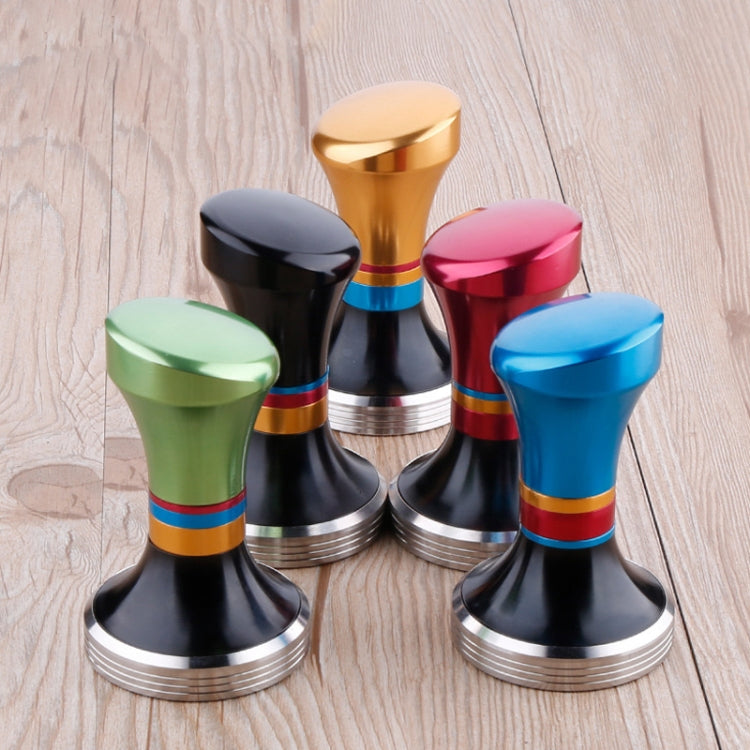 Assorted coffee powder tampers (gold, black, green, pink, blue) with stainless bases