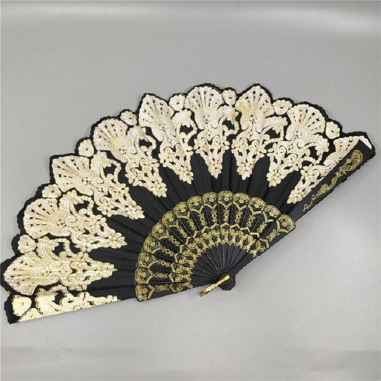 Peacock-style lace folding fan with black and gold fan ribs, cream lace edge